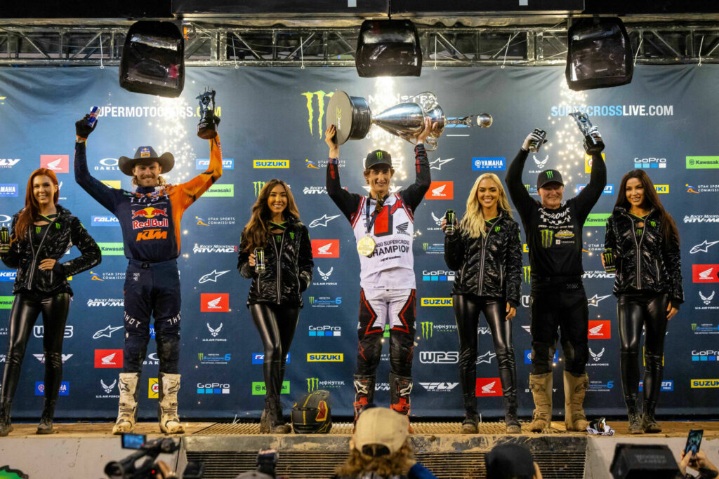 450SX Class podium (racers from left) Aaron Plessinger, Chase Sexton, and Justin Hill. Photo courtesy Feld Motor Sports, Inc.