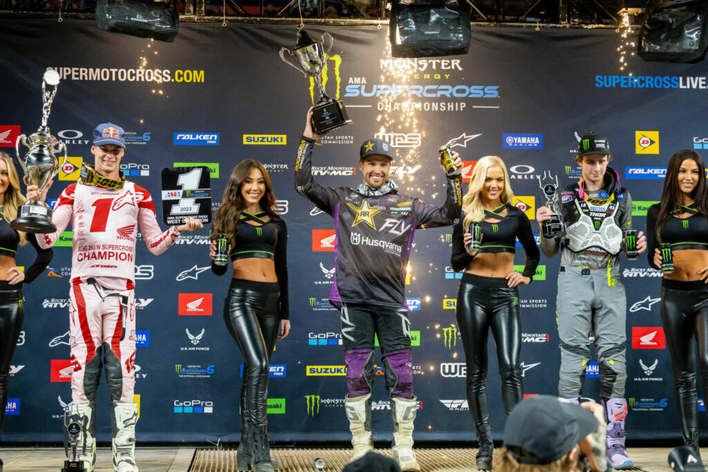 250SX Class podium (riders from left) Jett Lawrence, RJ Hampshire, and Levi Kitchen. Photo courtesy Feld Motor Sports, Inc.