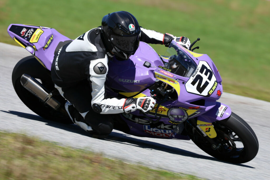 Alex Dumas (23) will be sporting a new Purple Skull Brewing Suzuki when he kicks off his title challenge this weekend at SMP. Photo by Rob O'Brien, courtesy CSBK.