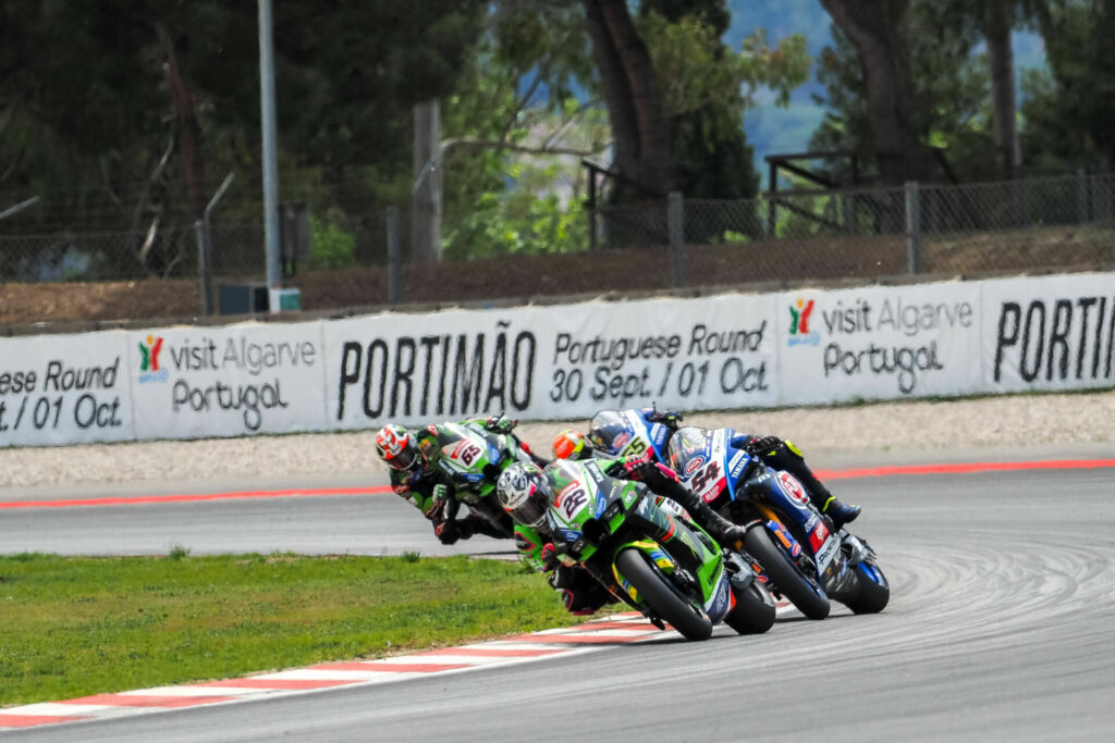 Alex Lowes (22) leads Toprak Razgatlioglu (54), Andrea Locatelli (55), and Jonathan Rea (65). Photo courtesy Dorna.