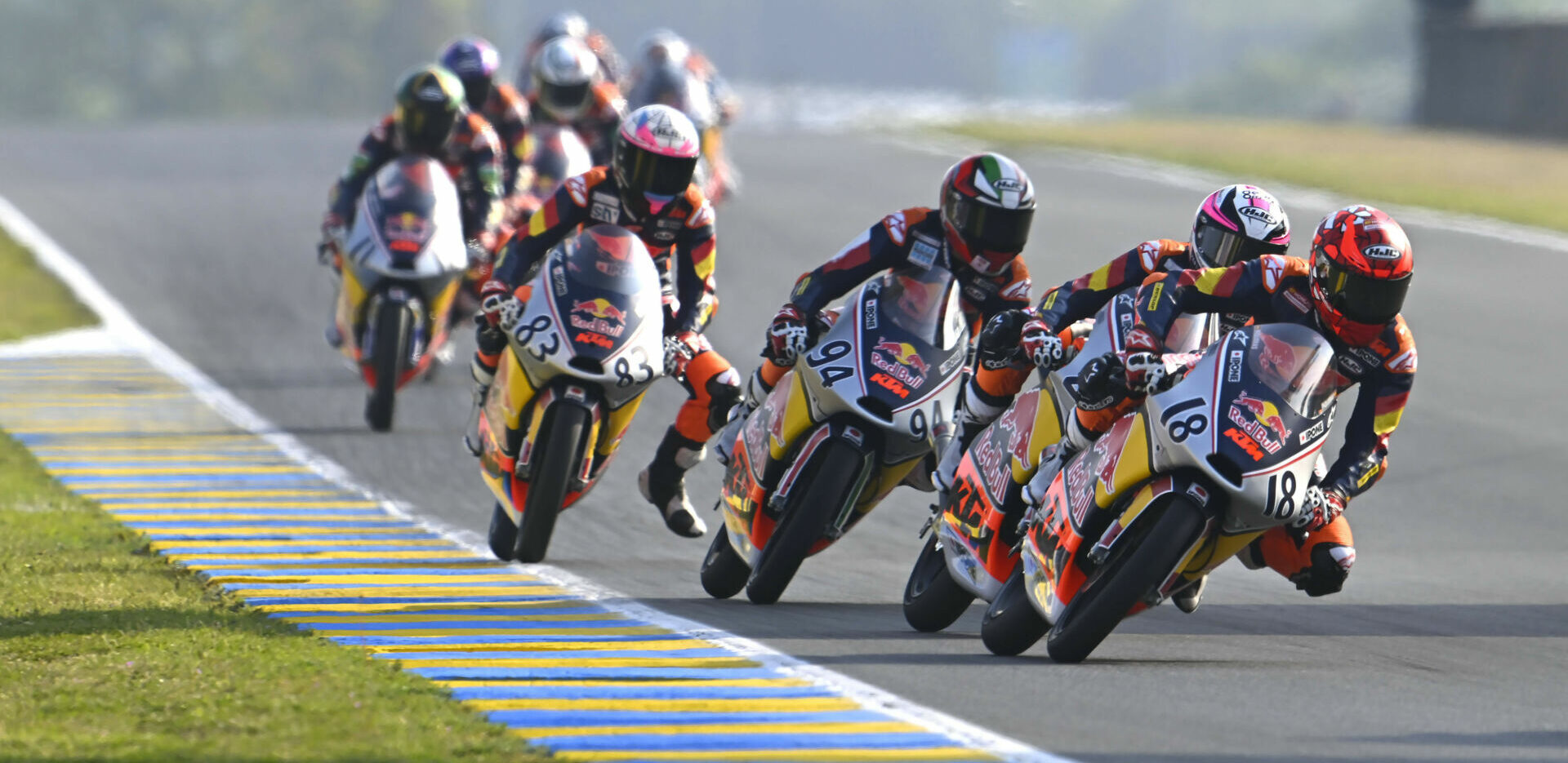 Angel Piqueras (18) leads Red Bull MotoGP Rookies Cup Race Two at Le Mans. Photo courtesy Red Bull.