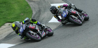 Rocco Landers (97) and Gus Rodio (96) on their Aprilia RS 660s at Barber Motorsports Park. Photo by Brian J. Nelson.