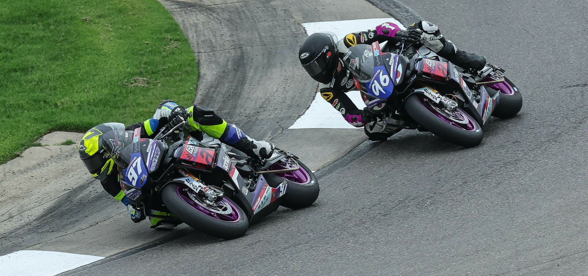 Rocco Landers (97) and Gus Rodio (96) on their Aprilia RS 660s at Barber Motorsports Park. Photo by Brian J. Nelson.