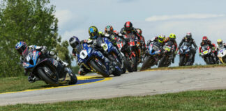 Cameron Beaubier (6) leads Jake Gagne (1), Cameron Petersen (45), Josh Herrin (2), Mathew Scholtz (11), Richie Escalante (behind Scholtz), PJ Jacobsen (66), Toni Elias (24), Corey Alexander (23), David Anthony (25), and Ashton Yates (22) during MotoAmerica Superbike Race Two at Road Atlanta. Photo by Brian J. Nelson.