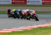 American Julian Correa (40) fought for the lead in both British Talent Cup races at Donington Park. Here, the Floridian chases teammate Harrison Dessoy (55), who won Race Two. Correa was a close fourth. Photo courtesy Dorna.