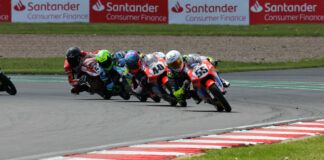 American Julian Correa (40) fought for the lead in both British Talent Cup races at Donington Park. Here, the Floridian chases teammate Harrison Dessoy (55), who won Race Two. Correa was a close fourth. Photo courtesy Dorna.