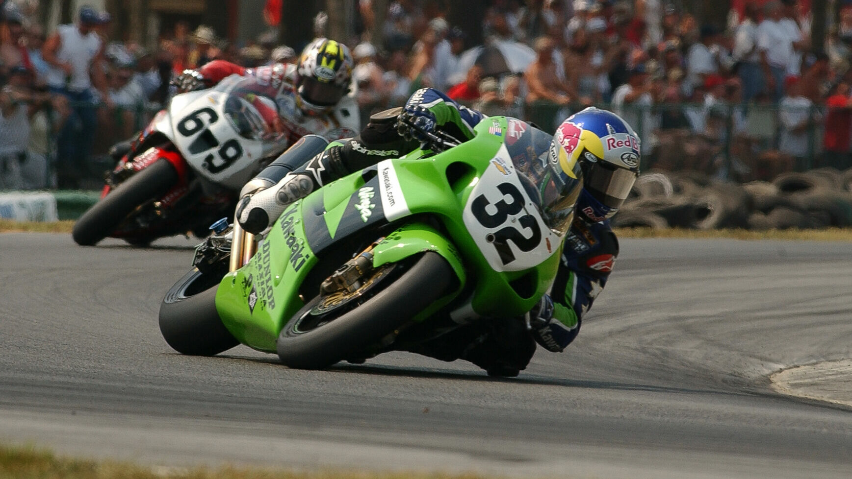 Eric Bostrom (32) leading Nicky Hayden (69) in an AMA Superbike race at VIR circa 2002. Photo by Brian J. Nelson.