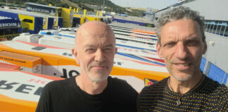 Roadracing World MotoGP Editor and Isle of Man TT winner Mat Oxley (left) and two-time World Championship-winning Crew Chief Peter Bom (right) in the paddock at Jerez. Photo courtesy Mat Oxley.