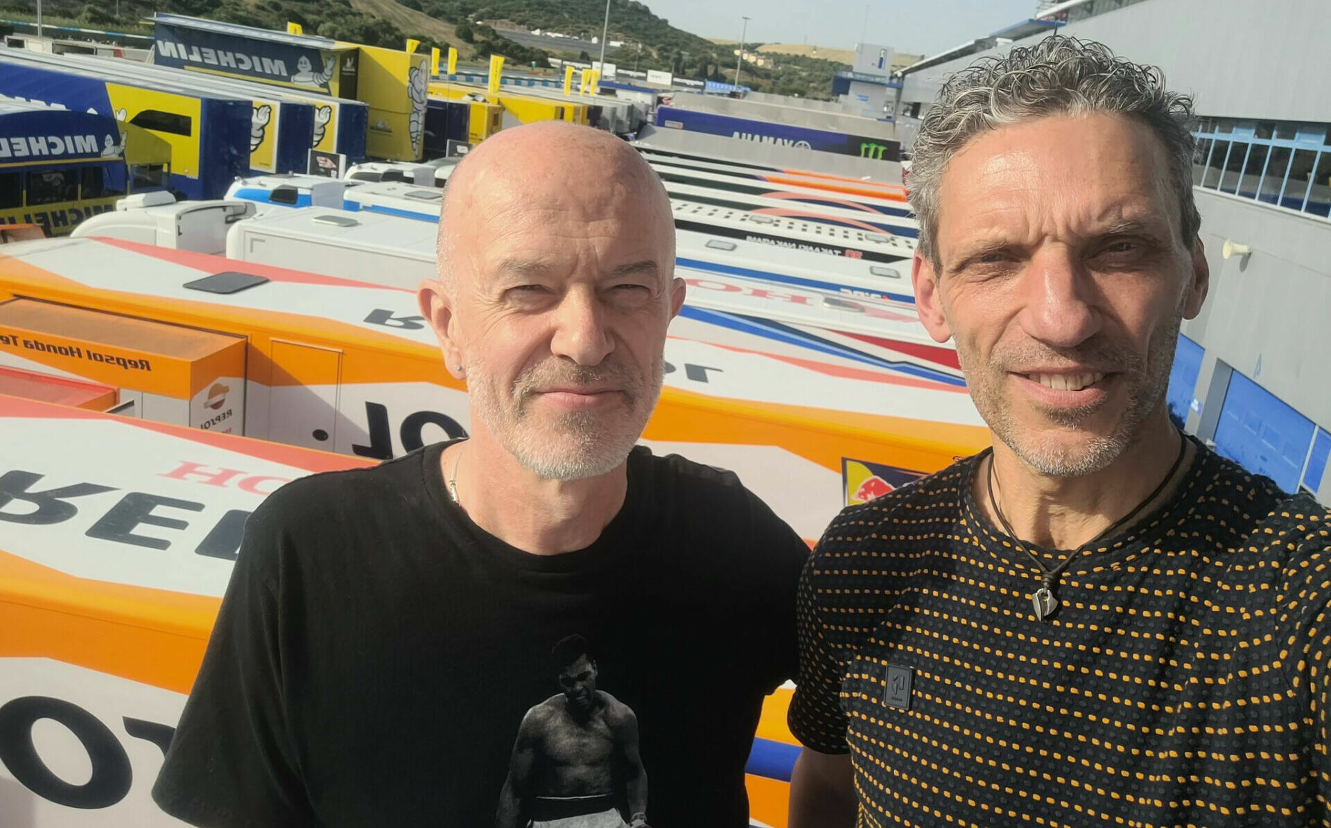 Roadracing World MotoGP Editor and Isle of Man TT winner Mat Oxley (left) and two-time World Championship-winning Crew Chief Peter Bom (right) in the paddock at Jerez. Photo courtesy Mat Oxley.