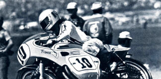 Gary Fisher (10) on the Honda CB750 he raced before switching to a Yamaha DT3 for the Loudon Classic. Photo courtesy Kimberly Rivers.