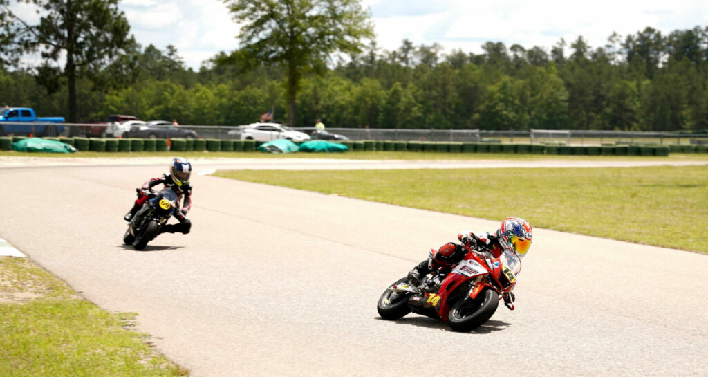 Cooper Glover (14) and Nevaeh Gaugain (69). Photo by Ian Champness, courtesy MotoAmerica.