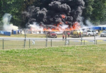 Airfence Bike soft barriers, a tire wall, and more were destroyed in a fiery crash May 27 at Road Atlanta. Photo by Chuck Ivey.