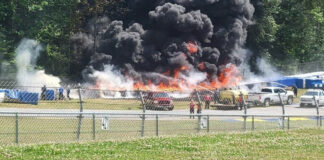 Airfence Bike soft barriers, a tire wall, and more were destroyed in a fiery crash May 27 at Road Atlanta. Photo by Chuck Ivey.