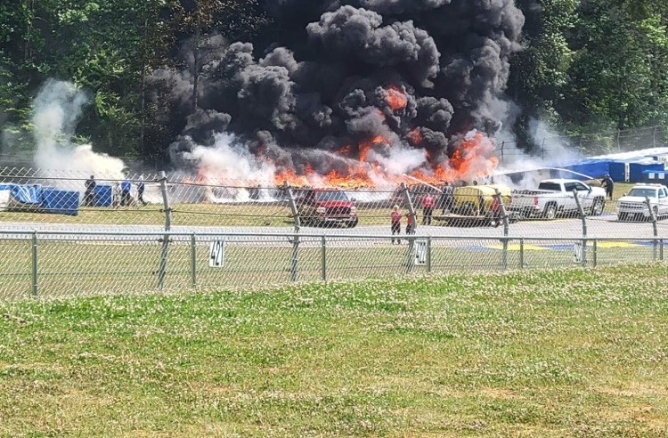 Airfence Bike soft barriers, a tire wall, and more were destroyed in a fiery crash May 27 at Road Atlanta. Photo by Chuck Ivey.