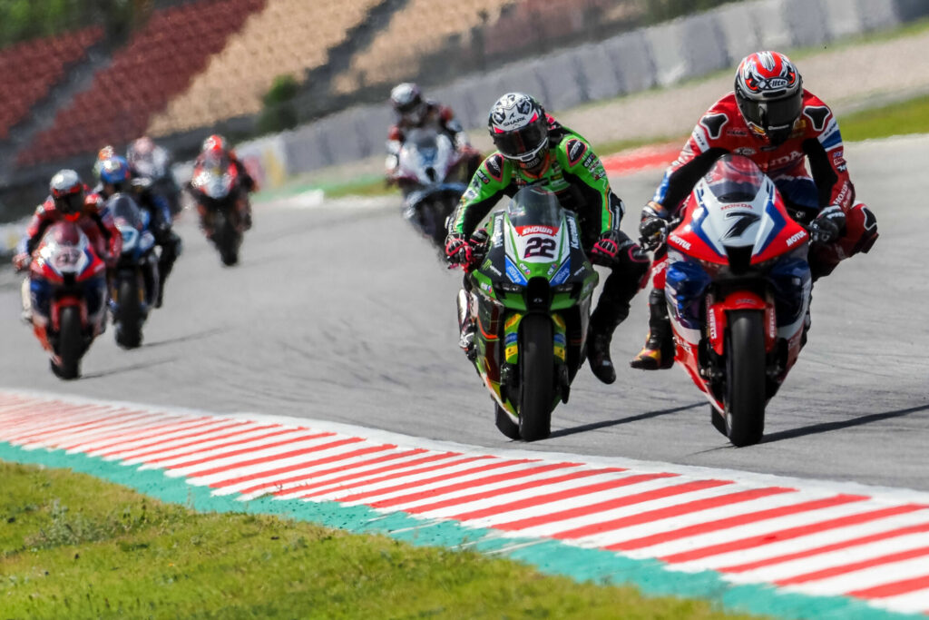 Iker Lecuona (7) leads Alex Lowes (22) and others during Race One. Photo courtesy Dorna.