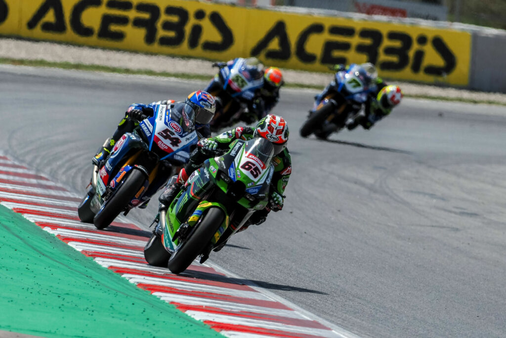 Jonathan Rea (65) leads Toprak Razgatlioglu (54), Andrea Locatelli (55), and Dominique Aegerter (77). Photo courtesy Dorna.