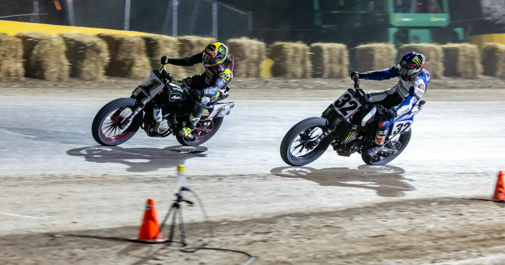 Jared Mees (1) and Dallas Daniels (32) will continue their battle for AFT SuperTwins supremacy May 6 at the Ventura Short Track, in California. Photo by Tim Lester, courtesy AFT.