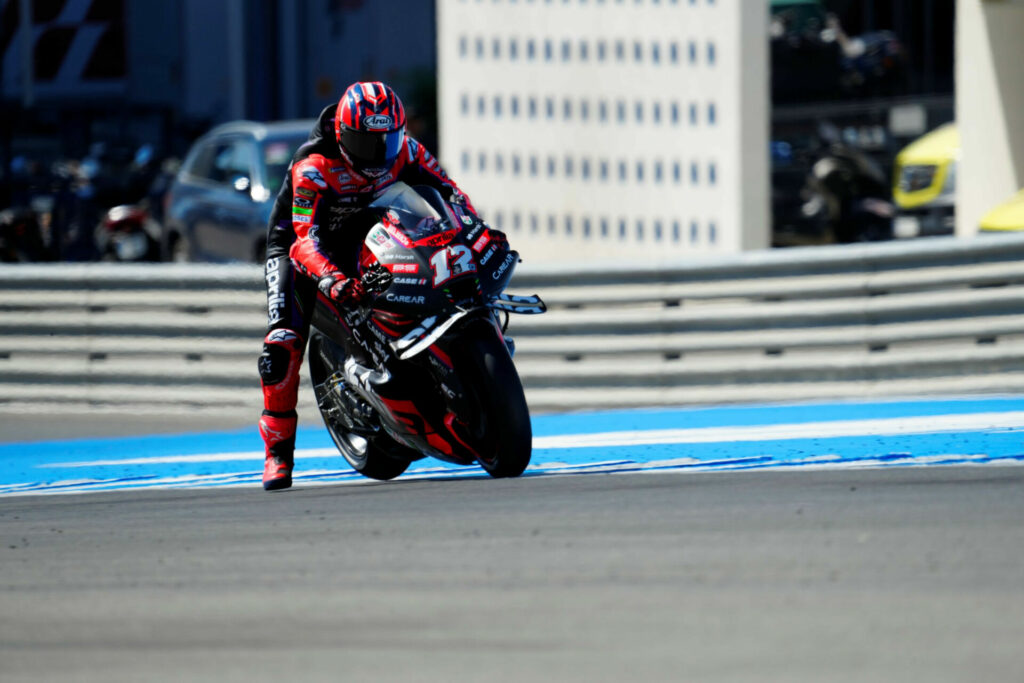 Maverick Vinales (12) did some setup fine tuning and a lot of practice starts Monday. Photo courtesy Dorna.