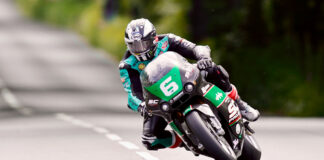 Michael Dunlop (6) in action on his Supertwin machine Monday at the Isle of Man TT. Photo courtesy IOM TT Press Office.