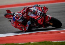 Michele Pirro (51) in action on a Ducati Desmodici MotoGP racebike. Photo courtesy Ducati.
