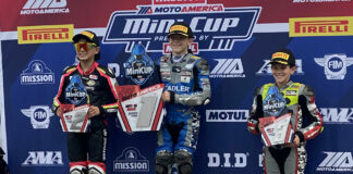 FIM Mini Cup 160 Ohvale Race Two winner Nathan Gouker (center), runner-up Mahdi Salem (left), and third-place finisher Reese Frankenfield (right) at Barber Motorsports Park. Photo by Paul Carruthers, courtesy MotoAmerica.