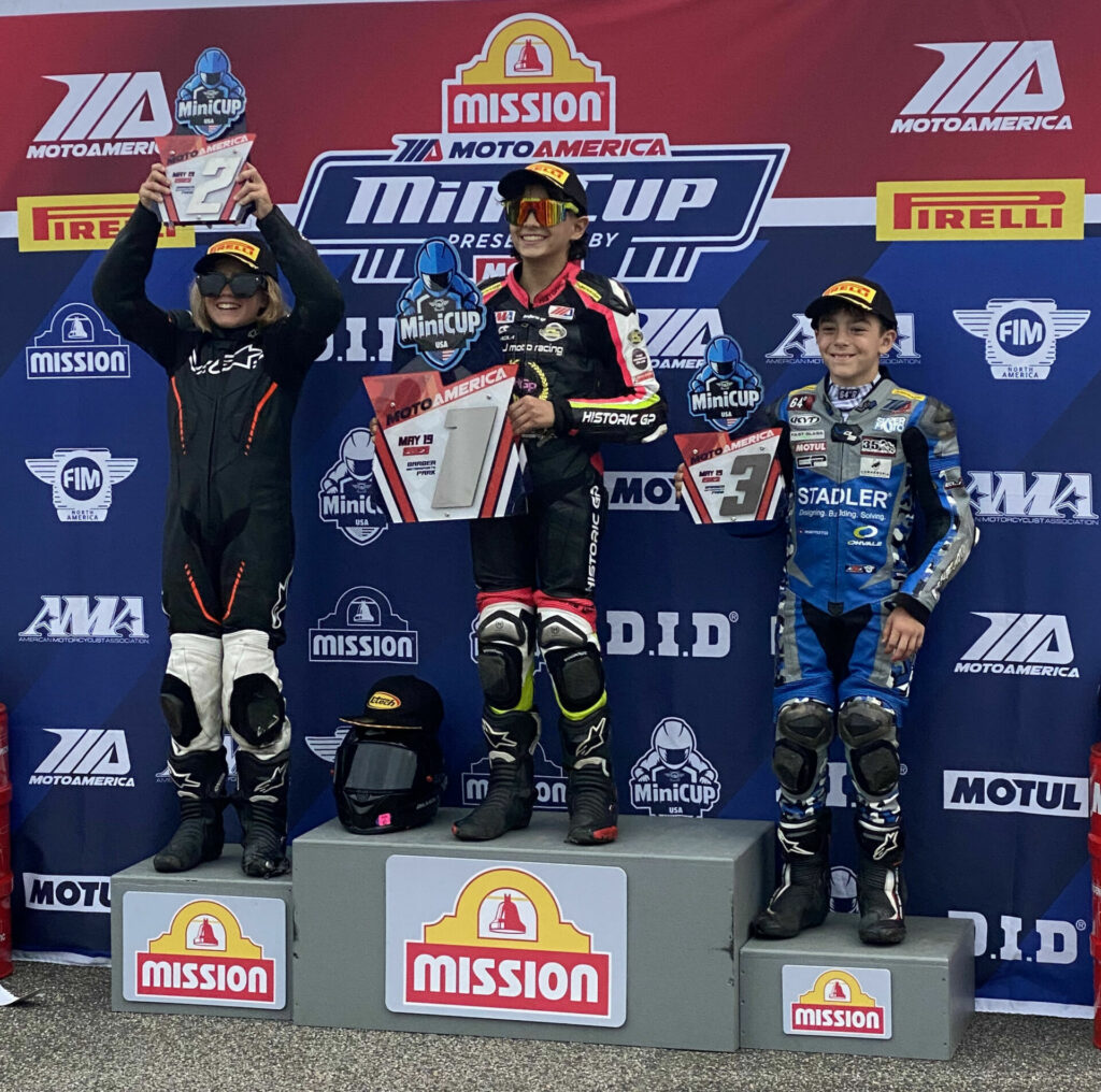 FIM Mini Cup 160 Ohvale Race One winner Mahdi Salem (center), runner-up Kruz Maddison (left), and third-place finisher Nathan Gouker (right) at Barber Motorsports Park. Photo by Paul Carruthers, courtesy MotoAmerica.