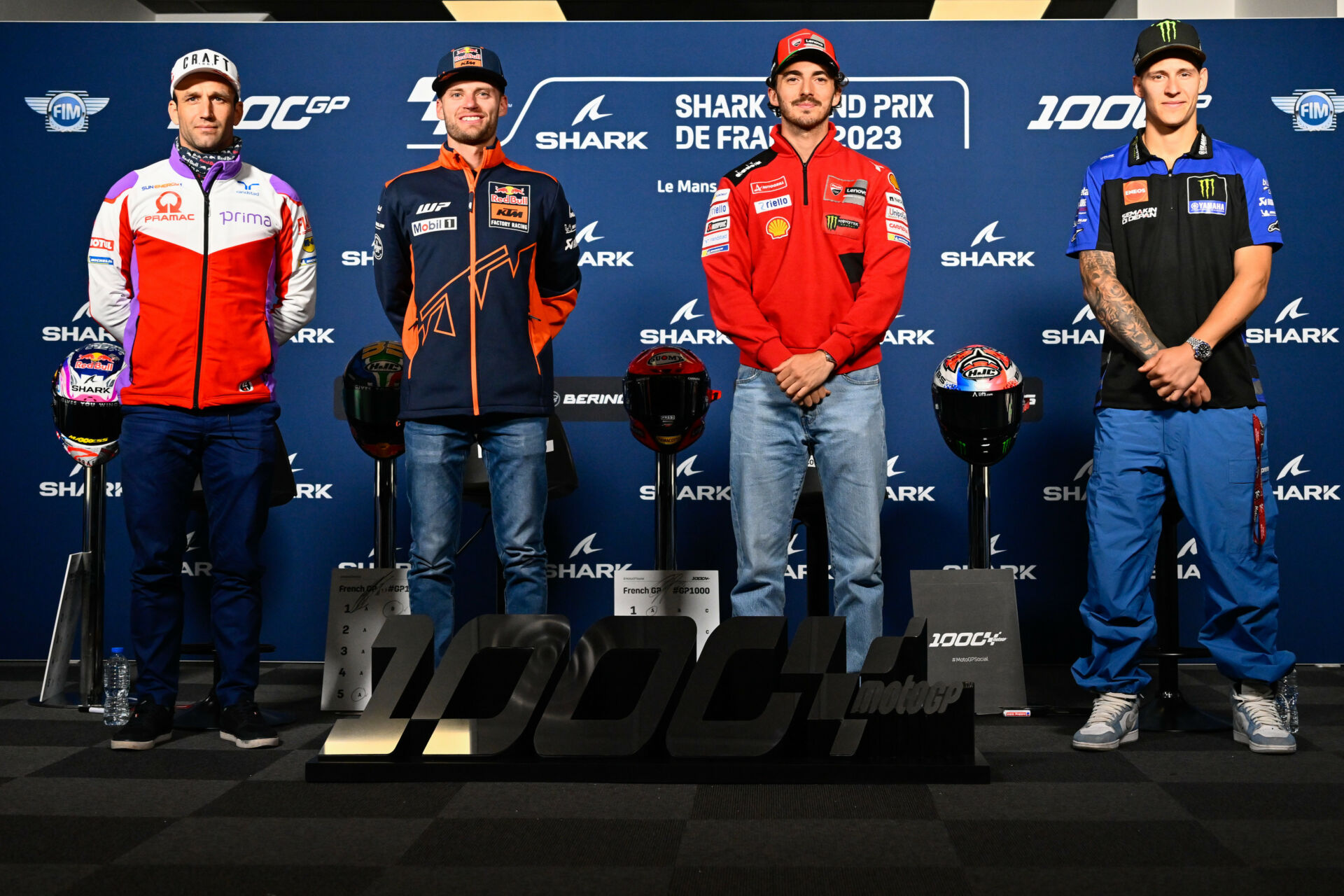 MotoGP riders (from left) Johann Zarco, Brad Binder, Francesco Bagnaia, and Fabio Quartararo at the first of two pre-event press conferences at Le Mans. Photo courtesy Dorna.