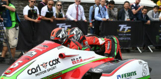 The Carl Cox Motorsport New Zealand Sidecar Team in action at the Isle of Man TT. Photo courtesy Carl Cox Motorsport and AHRMA.