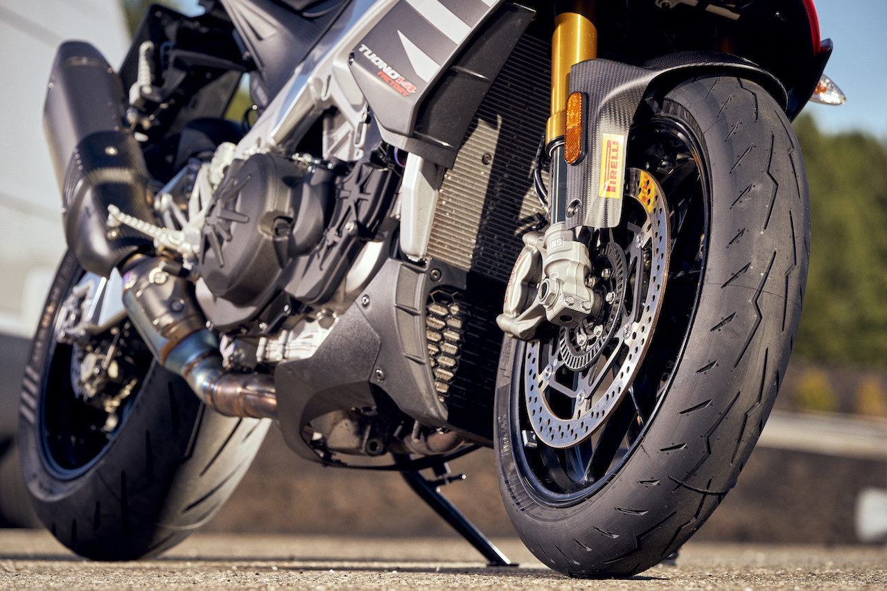 Pirelli Diablo Rosso IV tires mounted to an Aprilia Tuono V4 Factory. Photo courtesy Pirelli.