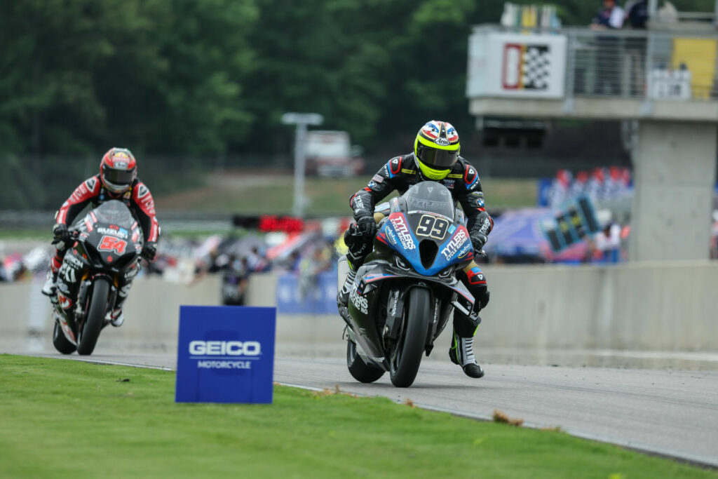 PJ Jacobsen (99) leads Richie Escalante (54) during MotoAmerica Superbike Race One at Barber Motorsports Park. Photo courtesy Tytlers Cycle Racing.