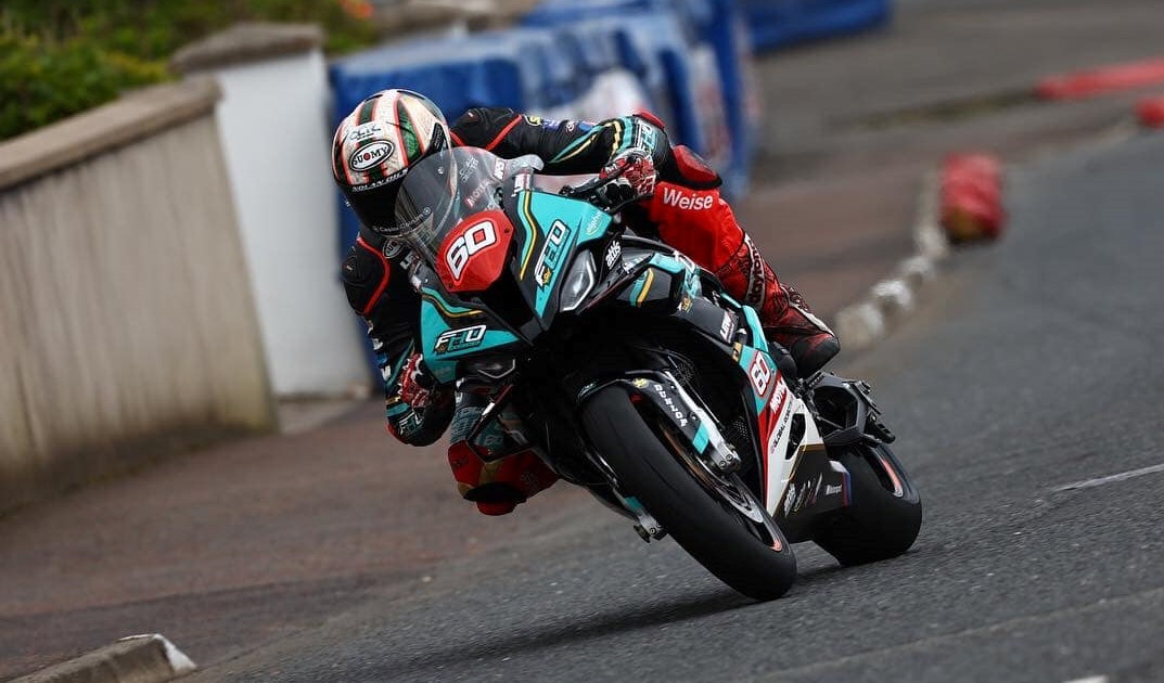 Peter Hickman (60) competing on an FHO Racing BMW with carbon wheels at the 2022 North West 200. Photo courtesy FHO Racing.