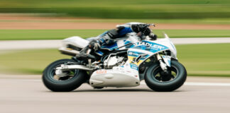 Defending Mini Cup 160 Ohvale Champion Nathan Gouker (1) in action Saturday at Barber Motorsports Park. Photo by Klingsporn Media, courtesy MotoAmerica.