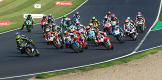 Kyle Ryde (77) leads the British Superbike field into Turn One at Donington Park. Photo courtesy MSVR.