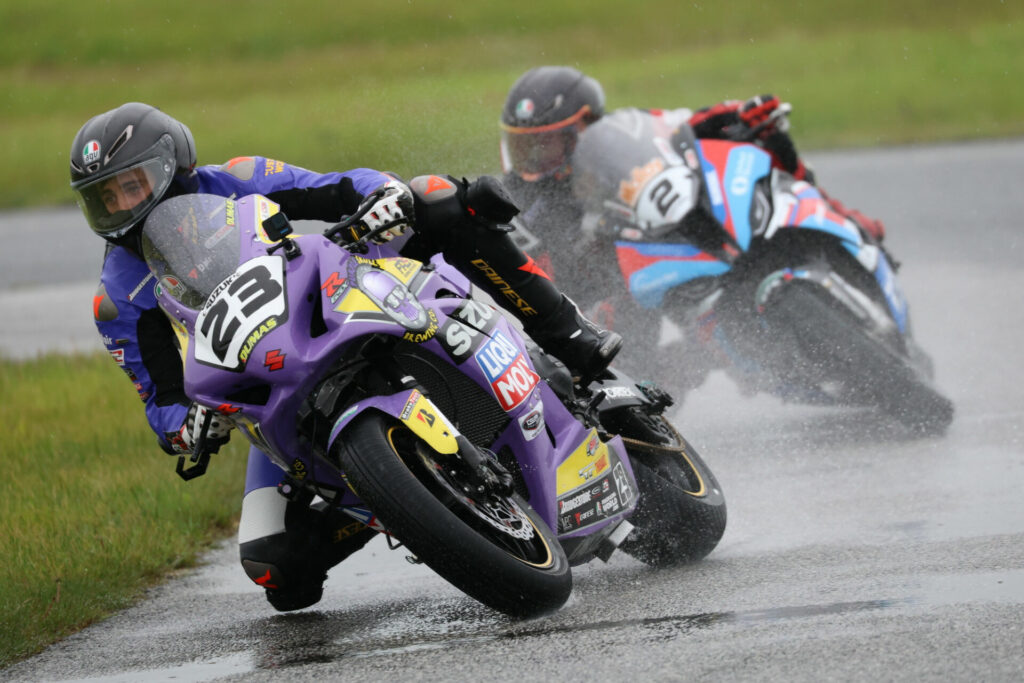 Superbike Race One winner Alex Dumas (23) leads Samuel Guerin (2) ay Shannonville. Photo by Rob O'Brien, courtesy CSBK.