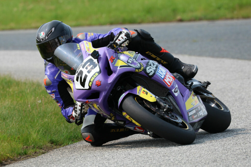 Alex Dumas (23) stretched out a big early championship lead on Sunday, winning Race Two comfortably his Purple Skull Brewing/Liqui Moly Suzuki. Photo by Rob O'Brien, courtesy CSBK.