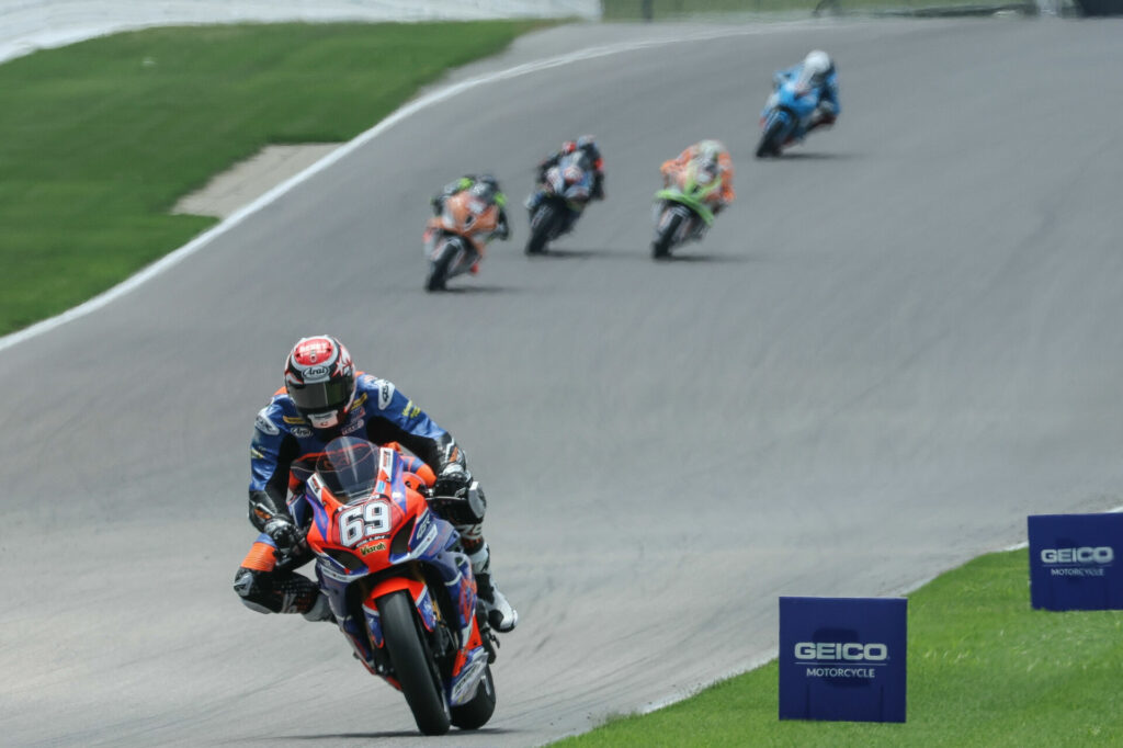 Hayden Gillim (69) sprinted away from the pursuing pack to win the Steel Commander Stock 1000 class for the second straight day at Barber Motorsports Park. Photo by Brian J. Nelson, courtesy MotoAmerica.