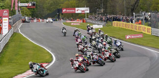 The start of a British Superbike race Monday at Oulton Park with Peter Hickman (60) leading the way. Photo courtesy MSVR.