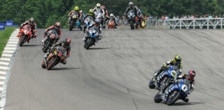 Jake Gagne (1) leads Cameron Petersen (45) into Turn Five on the opening lap of the Medallia Superbike race. Petersen would crash seconds later and Gagne would race away to victory on Sunday at Barber Motorsports Park. Photo by Brian J. Nelson, courtesy MotoAmerica.