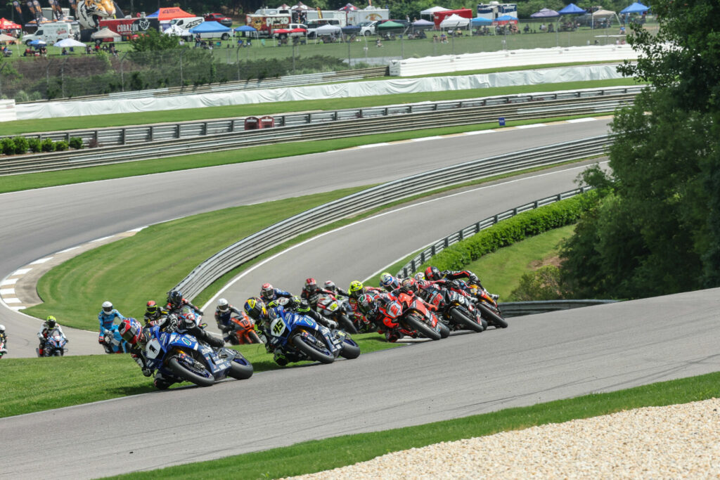 Jake Gagne (1) and Cameron Petersen (45) lead the start of Superbike Race One. Photo by Brian J. Nelson, courtesy MotoAmerica.