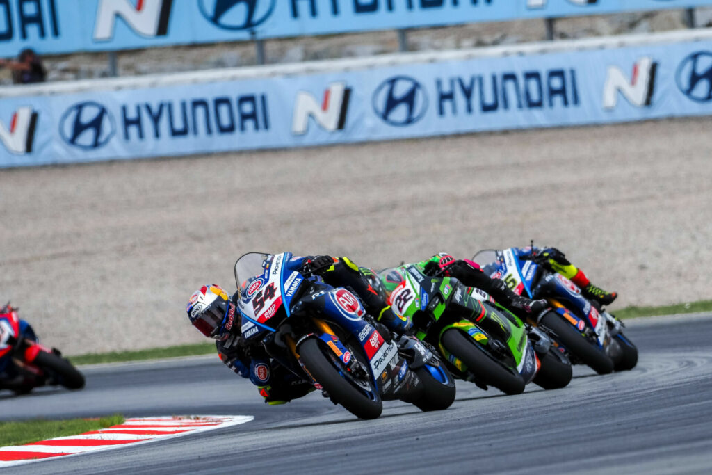 Toprak Razgatlioglu (54) leads Alex Lowes (22) and Andrea Locatelli (55). Photo courtesy Dorna.