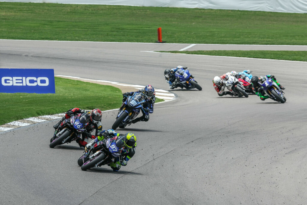 Rocco Landers (97) leads teammate Gus Rodio (96) and Kayla Yaakov (131) in the REV'IT! Twins Cup race on Sunday. Photo by Brian J. Nelson, courtesy MotoAmerica.