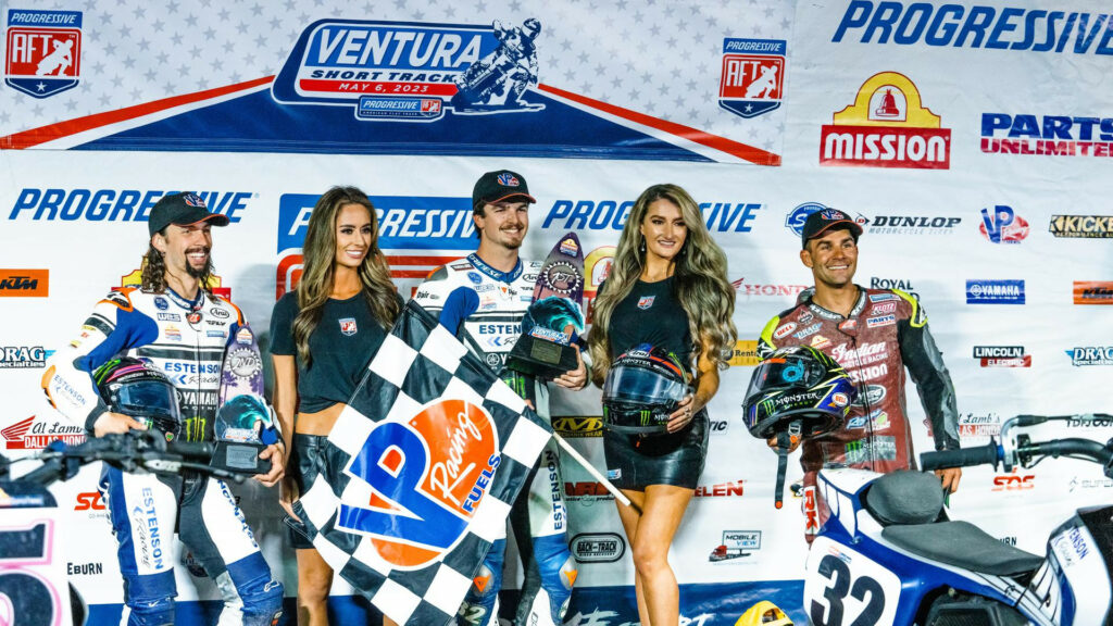 Dallas Daniels (center), the winner of the Ventura Short Track AFT SuperTwins race, with runner-up JD Beach (far left) and third-place finisher Jared Mees (far right). Photo courtesy AFT.