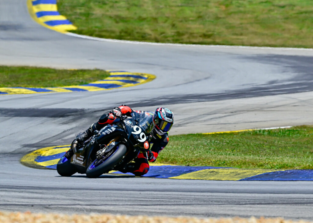 Cody Wyman (99) at speed on the Army of Darkness Yamaha YZF-R1 at Road Atlanta. Photo by Raul Jerez/Highside Photo, courtesy N2 Racing.
