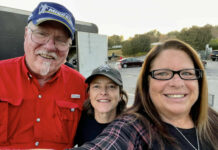 Walt Schaefer (left) with racer Melissa Berkoff (center) and race official Diane Shepard Tribou (right), before Schaefer retired from running his Michelin road race tire business in 2015. Photo courtesy Diane Shepard Tribou.