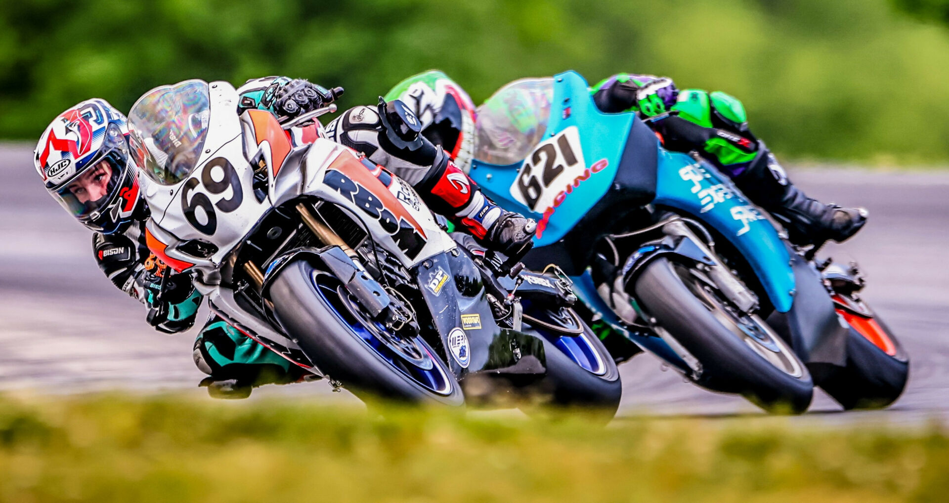 Ryan Wolfe (69) and Giacomo Manera (621) testing at VIR in preparation for the 2023 N2/WERA National Endurance Series. Photo by Apex Pro Photo, courtesy RBoM Racing.