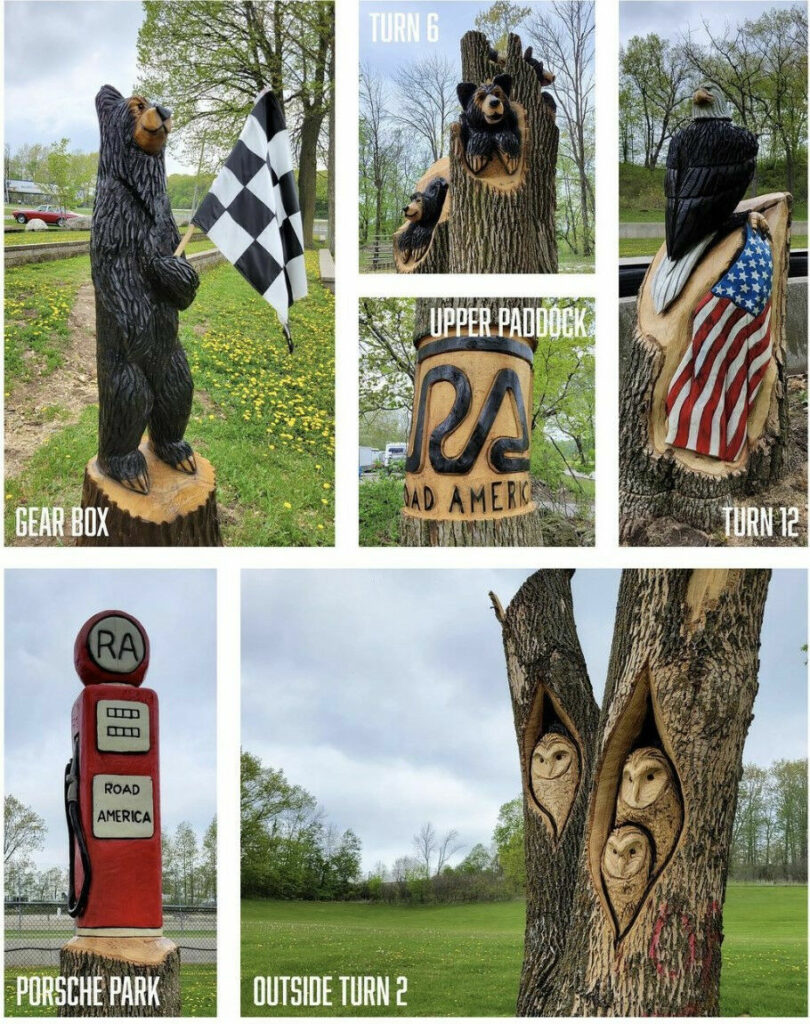 Some of the new wood carvings on display around Road America. Photos courtesy Road America.