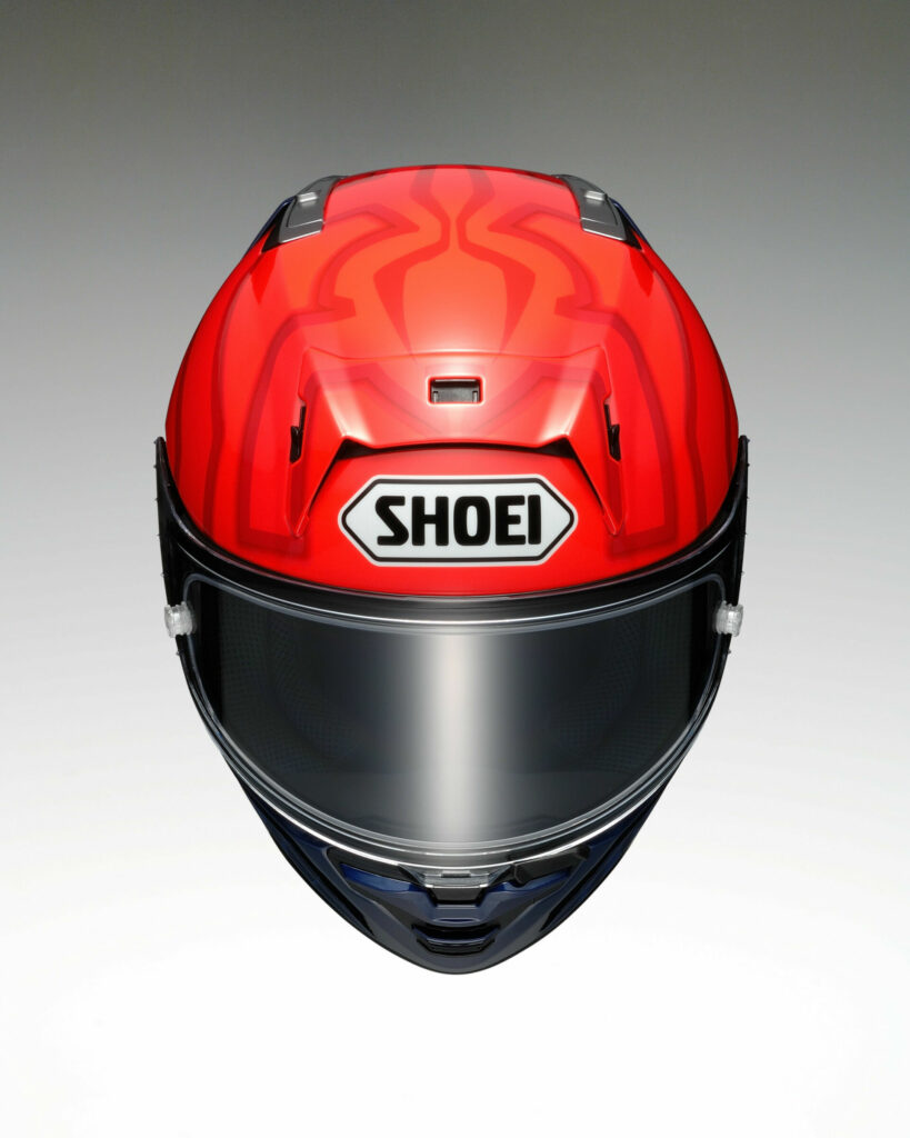The top view of Shoei's all-new X-Fifteen full-face helmet in one of the two Marc Marquez Replica graphic schemes. Photo courtesy Shoei.