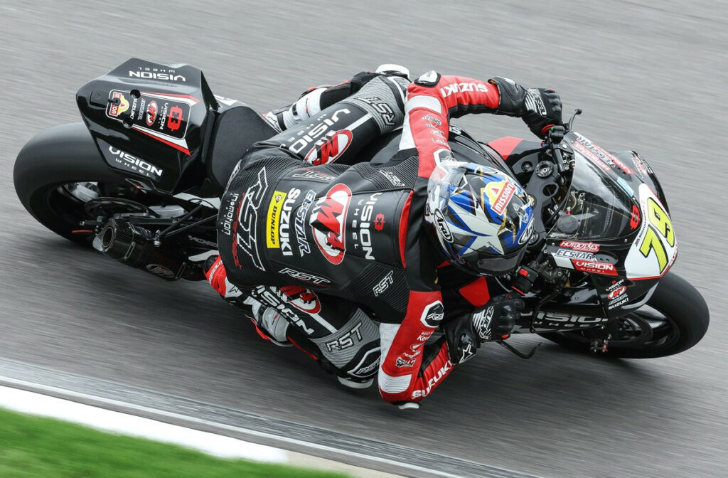 With unusual track conditions, Teagg Hobbs (79) secured a top 10 in Race One. Photo courtesy Suzuki Motor USA, LLC.