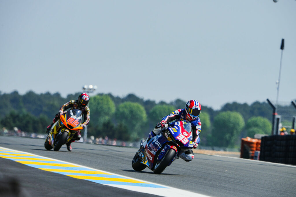 Rory Skinner (33) leads Sam Lowes (22), who took the Moto2 race restart from the back of the grid. Photo courtesy American Racing Team.