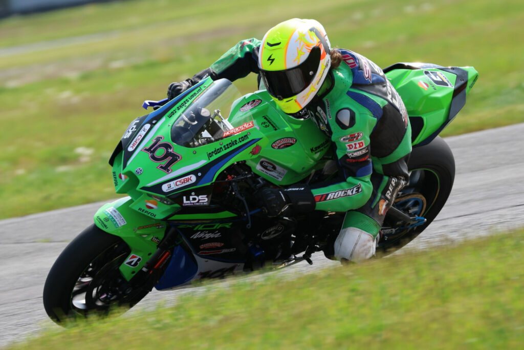 Jordan Szoke (101) put his LDS Consultants Kawasaki back on the podium Sunday for the first time since his career-altering injuries in 2022. Photo by Rob O'Brien, courtesy CSBK.